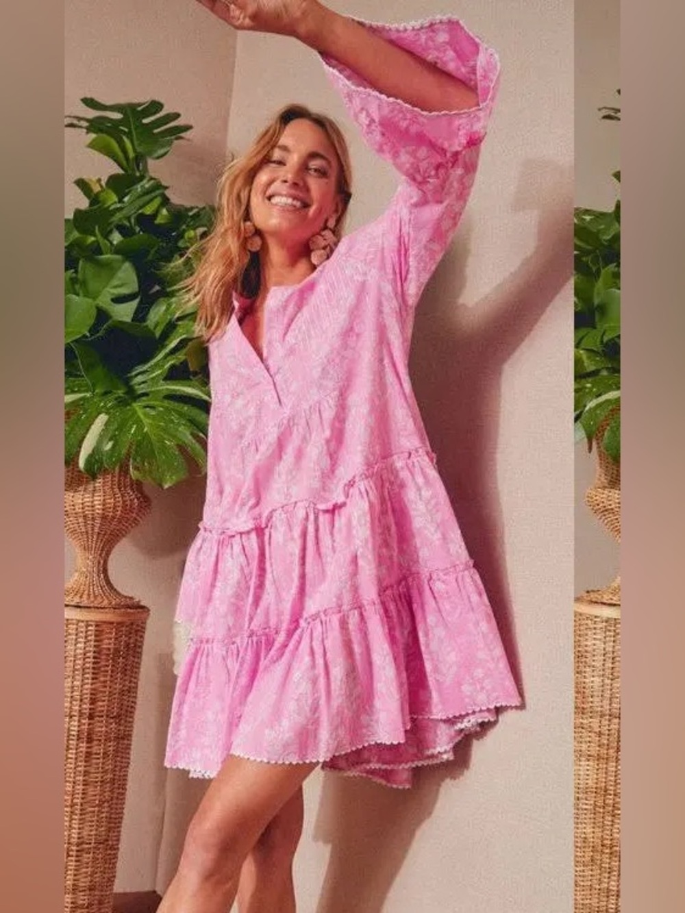 JULIET DUNN London Orchid Pink Floral Lurex Flared Sleeve Dress Resort Size 3 M